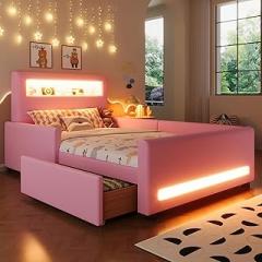 Twin Upholstered LED Bed Frame with Drawer and USB Port, Upholstered Bed Frame Twin Size with Storage, Twin Size PU Leather Upholstered Platform Bed, Pink