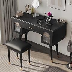 Elegant Vanity Makeup Table & Chair Set, Modern Dressing Table with Organizer, Writing Desk, Charging Port, Black