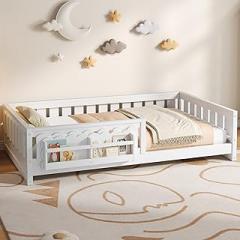 Wood Twin Size Platform Bed with Guardrail and Storage Shelves, Montessori Floor Bed with Sturdy Slat Support for Kids Boys Girls, No Box Spring Needed (White/32)