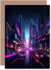 Artery8 Neon Purple Electronic Futuristic Skyscraper for Him or Her Man Woman Birthday Thank You Congratulations Blank Art Greeting Card