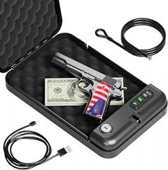 Grimtron Portable Pistol Safes – Electronic Lock Box & Key Access, Silent Mode, Compact Car Gun Safe for Handgun, Small Single Safe for Travel, Office, Dorm Use