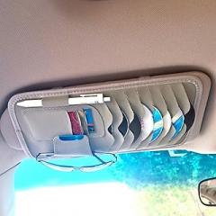 Grey Multifunctional Car CD Case Holder for Sun Visor Organizer Car CD Holder Organizer, 8 CD/DVD Storage Sleeves, 3 Bank Card Holder, 1 Sunglasses Holder, 1 Pen Holder