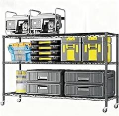 3-Tier Metal Storage Shelves - Adjustable Kitchen Shelves with Shelf Spacing, Wheels & Adjustable Feet, Powder-Coated Black Iron Display Stand (117 * 45 * 104cm)