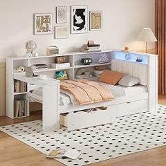 Twin Size Daybed with Storage Drawers, Desk and Charging Station, Wood Captains Bed with Upholstered Headboard, LED and Bookcase Shelves for Kids Boys Girls Teens, White