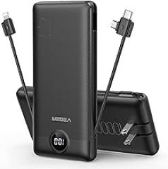 VEGER Portable Charger for iPhone Built in Cables and Wall Plug, 10000mah Slim Fast Charging USB C Power Bank, Travel Essential Battery Pack Compatible with iPhones, iPad, Samsung More Devices(Black)