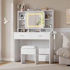 Sliding Makeup Vanity Desk with Stool and Lighted Mirror, White Vanity Table with Charging Station, Drawers and Storage Shelves, Touch Control LED Mirror Dressing Table for Bedroom