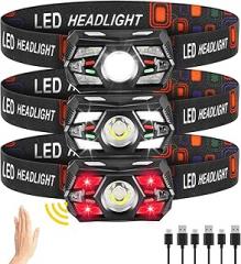 3Pack Headlamp Rechargeable, Super Bright Head Lamps LED Rechargeable, LED Headlight with Motion Sensor, Head Lights for Forehead with Red Light, Headlamps for Adults Kids Camping Essentials Running