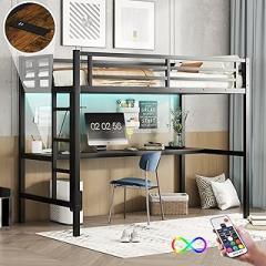 Twin XL Size Gaming Loft Bed with Desk Power Outlet and LED Lighting, Heavy Duty Twin Loft Bed with Stairs, No Box Spring Needed,Easy Assembly, Space-Saving, Noise Reduced, Black