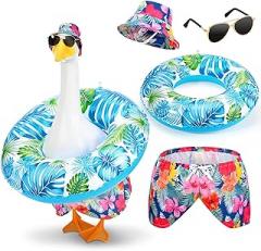 Summer Porch Goose Outfits,23 Inch Goose Cement Clothes with Hawaiian Hat, Trendy Sunglasses,Funny Pants & Swimming Ring for Patio Decor (Colorful Tropical Floral)