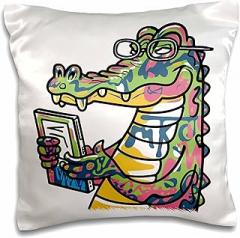3dRose Funny Cool Alligator Reading with Electronic Reader Book Graffiti 16x16 inch Pillow Case