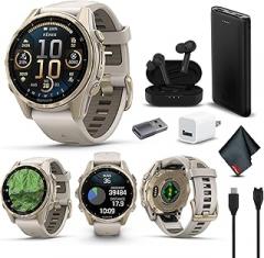 Garmin Fenix 8 43MM AMOLED Sapphire Premium Multisport GPS Smartwatch Soft Gold with Fog Gray/Sandstone Silicone Band, Built-in LED Flashlight Bundle with Accessories