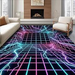 Low Pile Flatwoven Area Rug 2x3, Retro Wave Synthwave Grid Electronic Music Inspired, Machine Washable, Stain Resistant Indoor Rug for Living Room, Bedroom, Non Slip(Black, 2x3)
