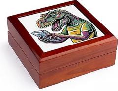 3dRose, Funny Cool T-rex Dinosaur Reading with electronic reader Book Graffiti, Jewelry Box 5.5x5.5 inch with 4 inch tile