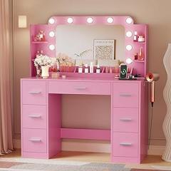 YESHOMY Vanity Desk with Large Lighted Mirror, Power Outlet and 11 Lights, Makeup Table with 7 Drawers and 3 Desktup Storage Units, 3 Color Modes Available for Bedroom, Pink
