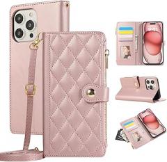 Zipper Wallet Handbag Purse Compatible with iPhone 16 Pro Max Crossbody Case with Credit Card Holder Wrist Strap Lanyard Women 6.9'' Flip Faux Leather (Pink,IP 16 Pro Max)