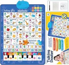 2025 New Talking Wall Chart for Kids, English and Spanish Learning Poster with Sounds, Electronic Bilingual Alphabet Numbers Interactive Wall Chart, Educational Learning Toys for Boy Girl(Blue)