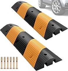 Rengue Rubber Speed Bumps 2-Pack 39.3'' Black Yellow Dual-Channel Driveway Protector for Wires Pipes, 66000 LB Heavy Duty Traffic Calmer for Road Gravel Installation
