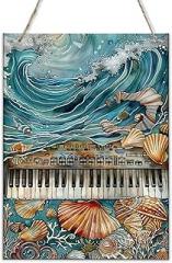 Wooden Painting Picture Sea waves Shells & electronic organ,Rustic Bathroom,Living room,Children's room Wood Wall Hanging Art decor Signs,Gift for electronic organ Lover,for Cafe,bar 6x12 inch