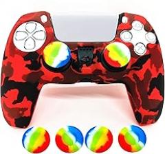 Skin for PS5 Controller Grips, Silicone Case Cover for PlayStation 5 Anti-Slip Protector with 4pcs Thumb Joysticks Caps (4caps red Camouflage)