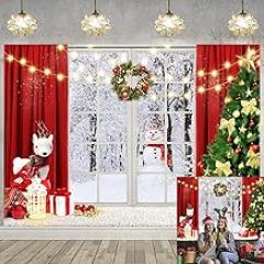 7x5ft Christmas Backdrop Red Christmas Window Backdrop for Photography Winter Snow Scene Gift Xmas Party Decorations Background New Year Holiday Party Photo Booth Props