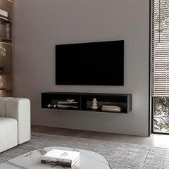 Central Floating Media Rack - Two Tiered Shelf - Melamine - Black - 59'' Wide - for TVs & Electronics