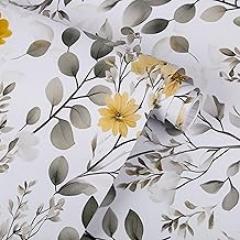 Floral Peel and Stick Wallpaper -White and Yellow Flowers Wall Paper for Decor Bathroom and Cabinets Waterproof - Removable Self Adhesive Vinyl Contact Paper Modern,17.3
