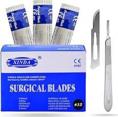 Pack of 100 Blades #15, Scalpel Blades for Knife Scalpel, High Carbon Steel Dermablade Blades. Individually Wrapped, Sterile + Free 1 Handle #3