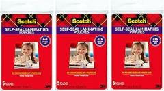 Scotch Self-Sealing Laminating Pouches, 4 x 6 Inches, 3-Pack of 5 Pouches – No Machine Needed, Clear, Photo Safe