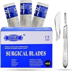 Pack of 100 Blades #22, Scalpel Blades for Knife Scalpel, High Carbon Steel Dermablade Blades. Individually Wrapped, Sterile + Free 1 Handle #4