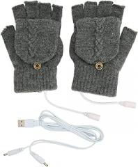 Qianjyvous USB Warmer Heated Gloves, Flip Half Fingerless Electronic Knitted Hand Gloves for Men Women Winter, Double Sided Hot Chip with USB Charging, Comfortable Cotton Blending Material fo
