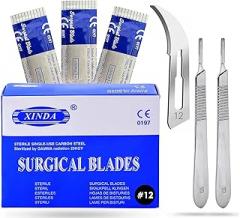 Pack of 100 Blades #12, Scalpel Blades for Knife Scalpel, High Carbon Steel Dermablade Blades. Individually Wrapped, Sterile + Free 2 Handle #3