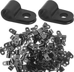 100pcs Cable Clamps 1/4 Inch, Clamp for Electronic Wires Cables Home Wiring Setups, Black Color, R Type, Plastic Material, Easy to Install