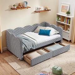 KEIKI Twin Size Upholstery Gingham Daybed with 2 Storage Drawers and USB, Modern Style Adorable Wave Shaped Linen Sofa Bed, Easy Assembly, No Box Spring Required, for Living Room and Bedroom, Navy