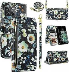 Wallet Case for OnePlus 10T 5G/One Plus Ace Pro with Wrist Strap Shoulder Strap, Zipper Floral PU Leather Stand Card Holder Cell Phone Cover for On 1Plus 1 + Plus10T 1+ AcePro Women Men Black