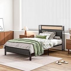 Modern Twin Bed Frame with Power Hub & Handwoven Rattan Headboard - 10-inch Storage Clearance, Squeak-Free Support (No Box Spring), Quick Assembly (Twin)