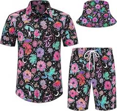 Spanoous Mens Hawaiian Shirts and Shorts Set 2 Pieces Beach Outfits Sets with Bucket Hats