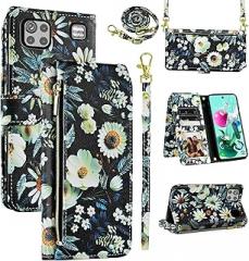 Wallet Case for LG K92 5G with Wrist Strap Shoulder Strap, 9+ Card Slots Zipper Purse, Floral Leather Stand Card Holder Cell Phone Cover for LGK925G K 92 92K LMK920AM Q92 G5 Women Men Black