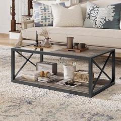 Modern Coffee Table for Bedroom & Living Room, Tempered Glass&Rustic Wood Grain MDF, Industrial Style Coffee Table