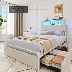 Twin Bed Frame with Storage Drawers, Upholstered Headboard with Charging Station & LED Lights, Metal Platform Bed Frame Twin Size, Noise Free, No Box Spring Needed, Easy Assembly, Beige