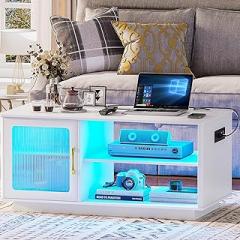 Gurexl LED Coffee Table with Charging Station, Auto Sensor 3 Color Dimmable Dining Table with Large Storage Cabinet for Living Room,Cocktail Table with USB Ports and Power Outlets