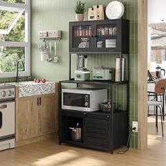 Furniouse 6-Tier Kitchen Bakers Rack with Power Outlet, Industrial Microwave Oven Stand with Shelves, Kitchen Utility Storage Shelf with Cabinet, Standing Storage Rack (Black)