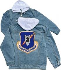 247EMBROIDERY electronic security command embroidered patch hood jean jacket Blue