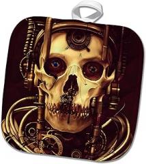 3dRose Dark Fantasy Steampunk Skull and Mechanical, Electronic Gear Art 8x8 Potholder