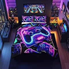 Neon Light Video Game Bedding Set,Cartoon Gamepad Modern Street Art Comforter Set for Kids Boys Teens Adults,Geometric Lines Machine Game Console Quilted Comforter with 1 Pillowcase Toddler Size 2 Pcs
