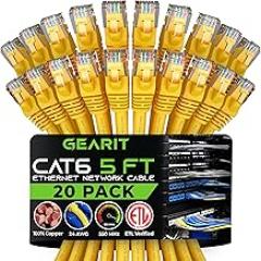 GEARit Cat 6 Ethernet Cable (20-Pack 5 Feet) Cat6 Network Patch, 10Gbps, RJ45, Snagless Cord, Gold-Plated Connectors, Internet for PC, TV, Tablet, Router, Printer, Servers, IT Data Center - Yellow