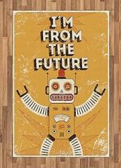 Lunarable Vintage Area Rug, Future Words with Robot Fiction Electronic Pop Art Style Illustration Print, Flat Woven Accent Rug for Living Room Bedroom Dining Room, 4' X 5' 7