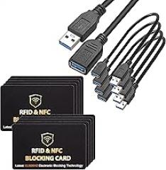 SaiTech IT 4 Pack Short Length 30cm USB 3.0 Extension Cable Bundle with 10 Pack RFID Blocking Card, One Card Protects Entire Wallet Purse for Men & Women - Black