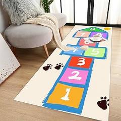 Super Soft Non-Slip Baby Play Mat Cartoon Cute Puppy Paw Print and Sun Print Hopscotch Play Rug Digital Learning Educational Runner Rug for Crawling and Playing Foldable Gift Mat 2x6ft