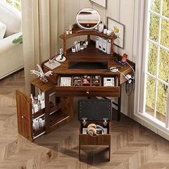 Corner Vanity Desk Set with Storage Stool, Charging Station, Removable Cabinet, Glass Tabletop & Jewelry Organizer, Triangle Makeup Desk for Bedroom (Walnut, 29