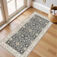 Small Washable Runner Rugs for Entryway: Kitchen Mats Vintage Throw Carpet 2x4 Black Beige - Non-Slip Stain and Water Resistant Soft Low-Pile Thin Rug for Hallway Bathroom Bedroom